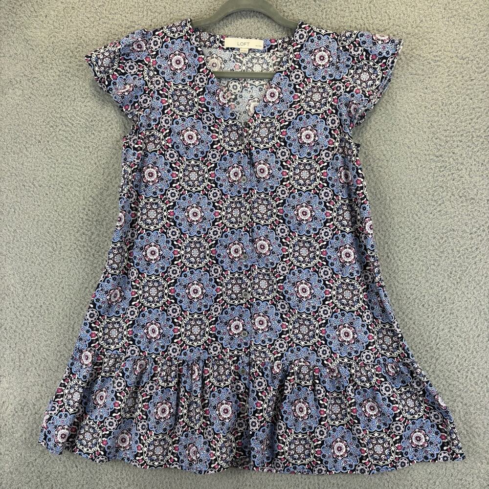 LOFT Dress XSP Beach Cottage Boho Retro Medallion Button Ruffle Flounce Flutter - Picture 3 of 11